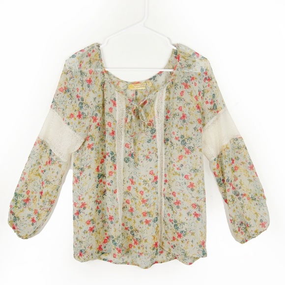 Vera Wang Princess Semi Sheer Floral Long Sleeve Lace Flowy Peasant Top - Picture 2 of 5